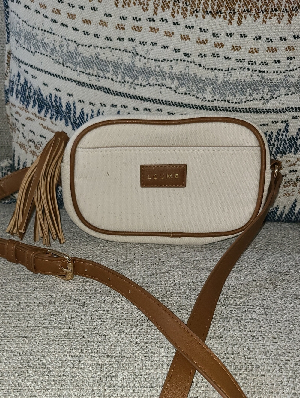 Loume Canvas & Brown Trim Crossbody Bag with Tassel